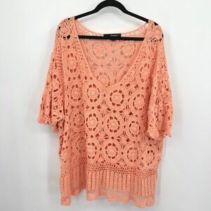 Boho Crochet Cover Up Top 4X Oversized Sheer Peach Floral Festival Beachy